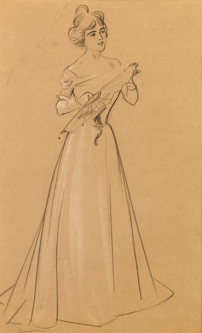 Mulher com ventilador (giz preto com reflexos brancos em papel) de Pierre Georges Jeanniot